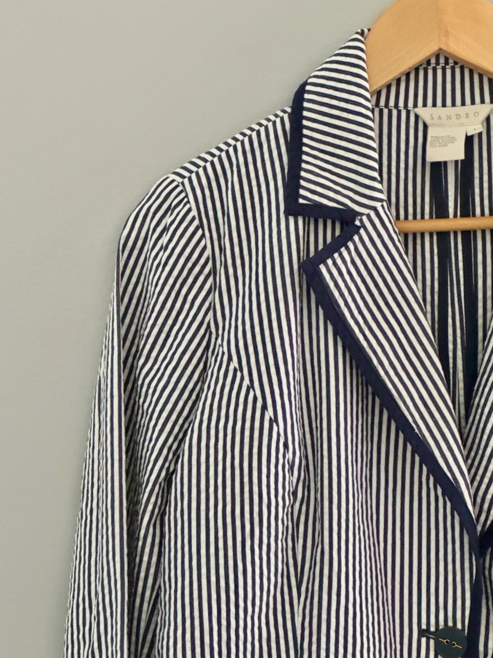 Sandro Cotton Blazer Blue White Stripe Nautical Styling Seersucker Jacket Large - Picture 3 of 16